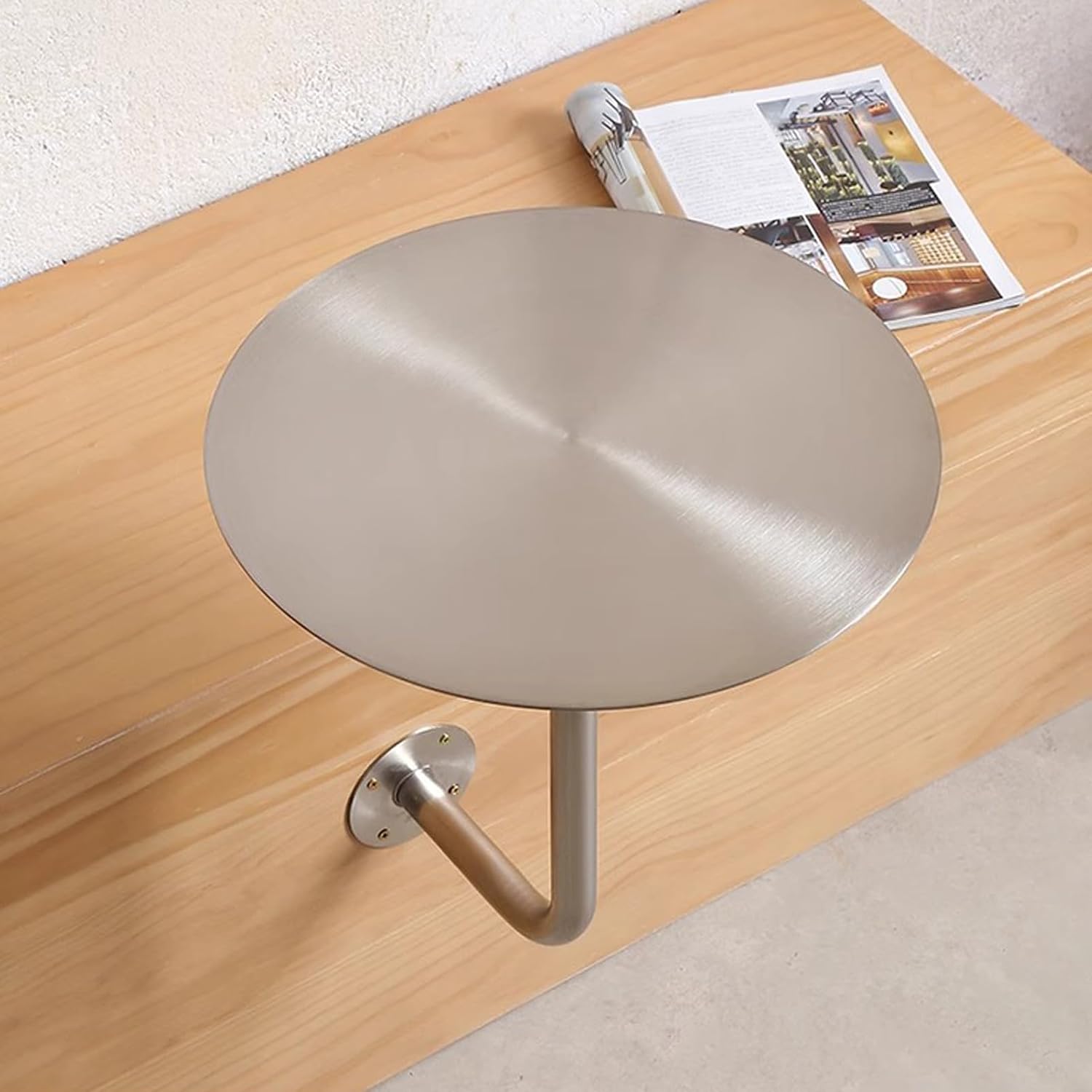 Wall-Mount L-Shaped Round Stainless Steel End Tables,Breakfast Bar Table,for Bubble Tea Shop,Bakery,Coffee House,Dining RoomSilver,40cm