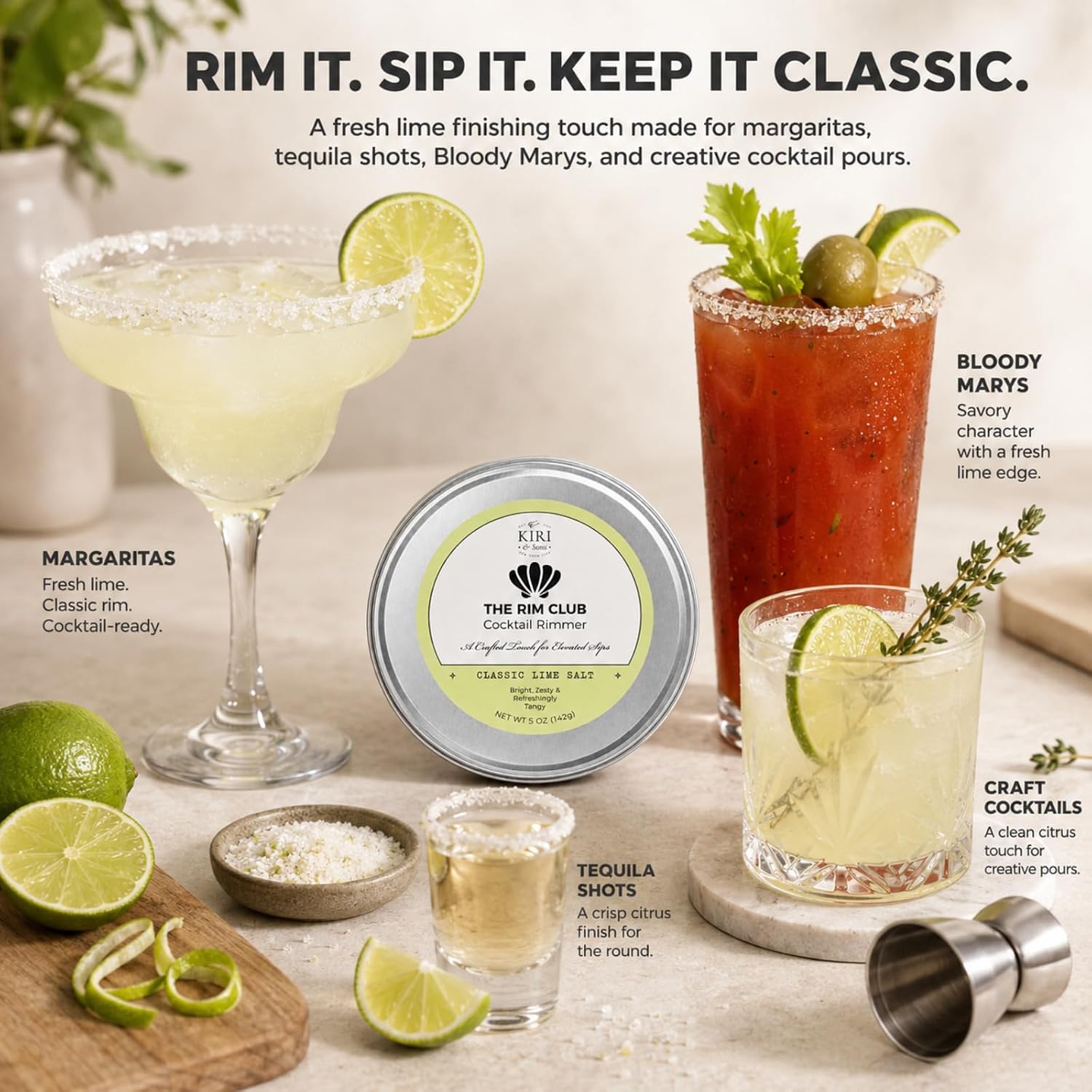 Kiri & Sons The Rim Club Cocktail Rimmer Salt for Margaritas, Tequila Shots, Bloody Marys & Craft Cocktails, Gift on Parties, Home Bars, Brunches & Events - Classic Lime 5oz