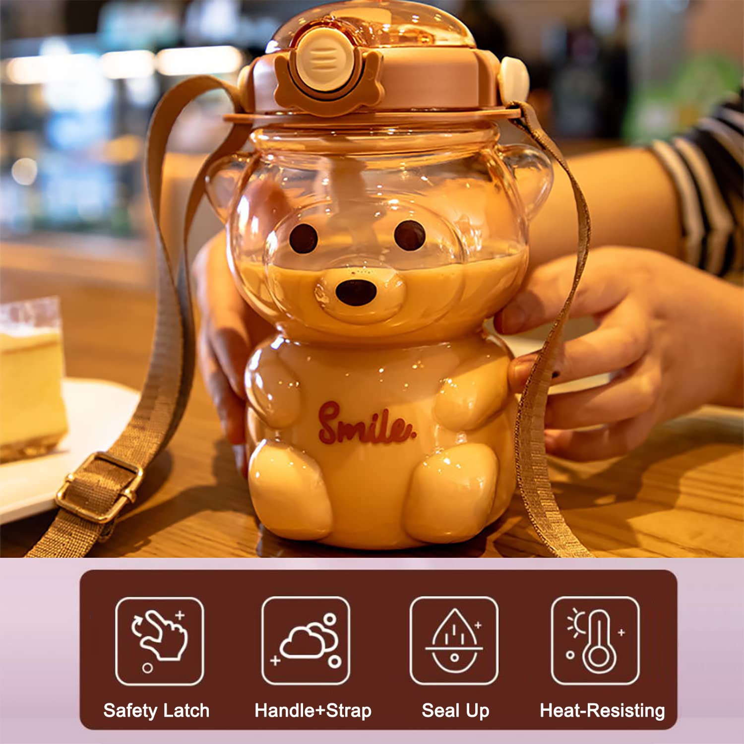 TourKing Teddy Bear Water Bottles with Adjustable Straw,3D Stickers and Strap,Portable Leakproof BPA-Free for School Sports Camping Hiking Travel(1000ml/34oz) - Image 4