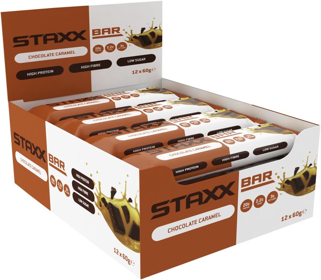 STAXX Bar Chocolate Caramel Low Carb, Low Sugar, High Protein Bar, 60 g, Pack of 12