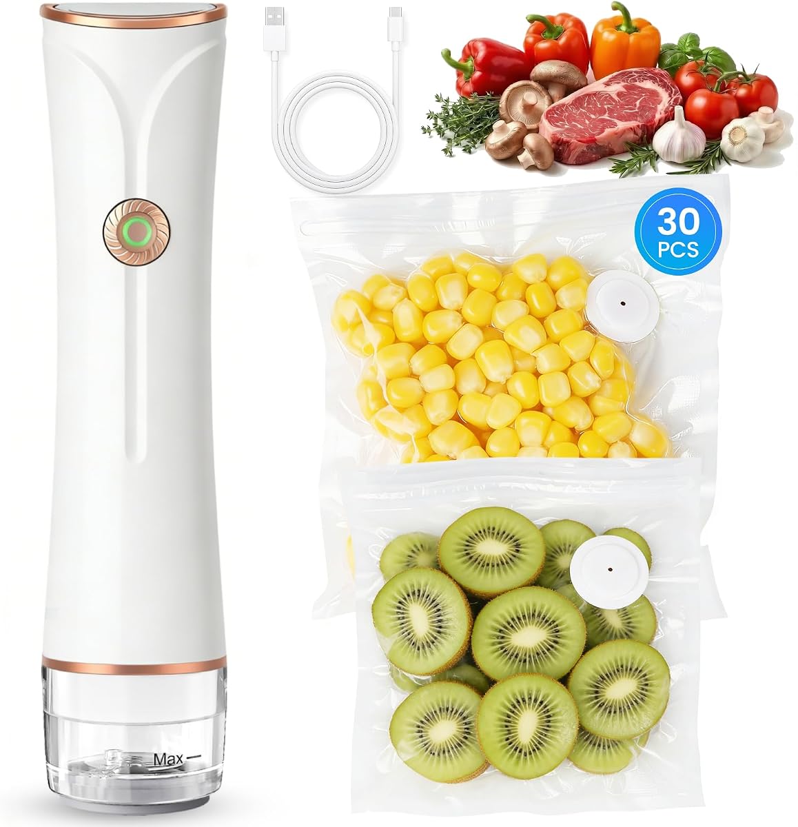 Sellador al vacío compacto para alimentos con tanque visible, máquina selladora al vacío de mano, incluye 30 bolsas reutilizables, sella alimentos frescos 6 veces más tiempo, inalámbrico y portátil, adecuado para cocina y viajes, blanco