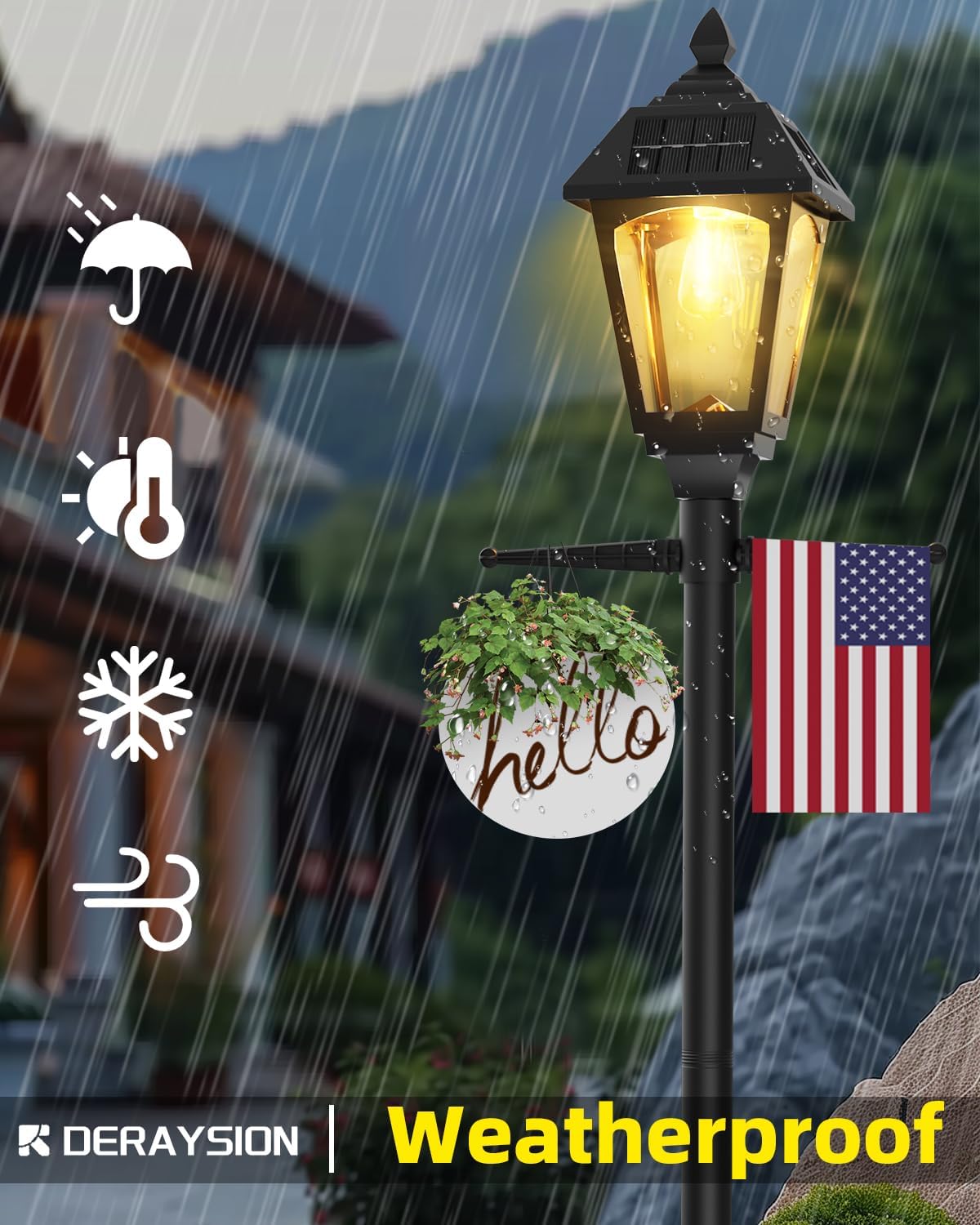 DERAYSION Outdoor Solar Lamp Post Light,68" Dusk to Dawn Sensor Outdoor Post LightsWaterproof Post Lantern Outdoor Solar Light Fixture for Porch Garden Patio