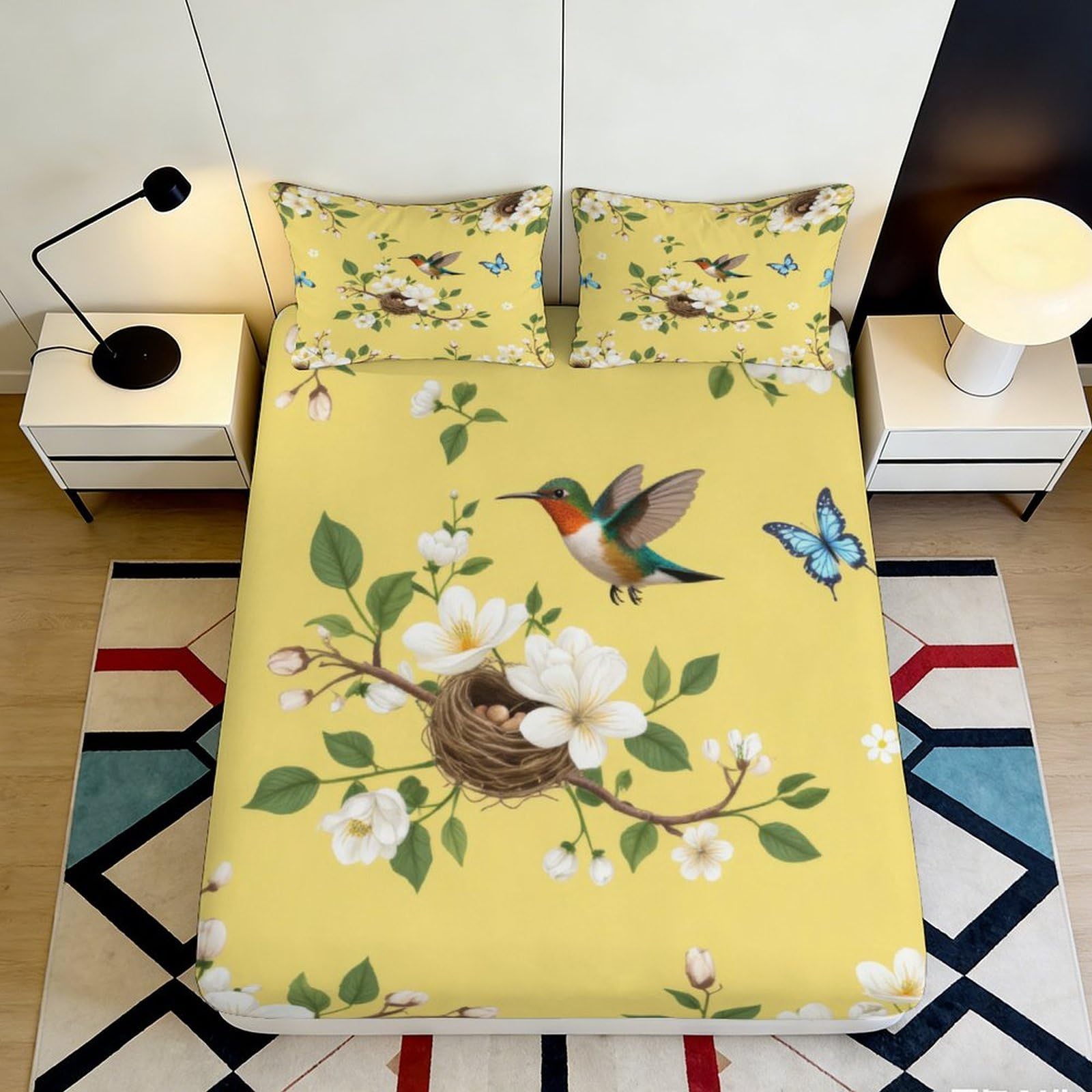3D Printed Hummingbird Blossom Fitted Sheet Microfiber Soft Yellow Butterfly Bed Cover for Bedroom Dorm Decor Mattress Protection 90x200x25cm