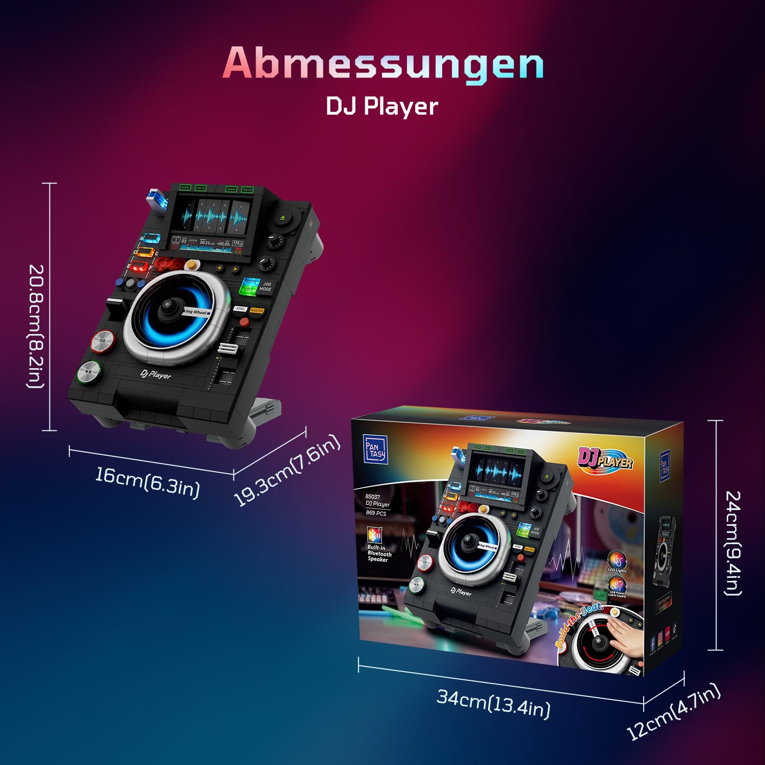 PANTASY DJ Plattenspieler Klemmbausteine Set, Vintage DJ Deck Baustein Modell zum Bauen, Retro Musikstudio Display mit Verstellbarem Ständer, Kreativer Sammler Bausatz für Erwachsene