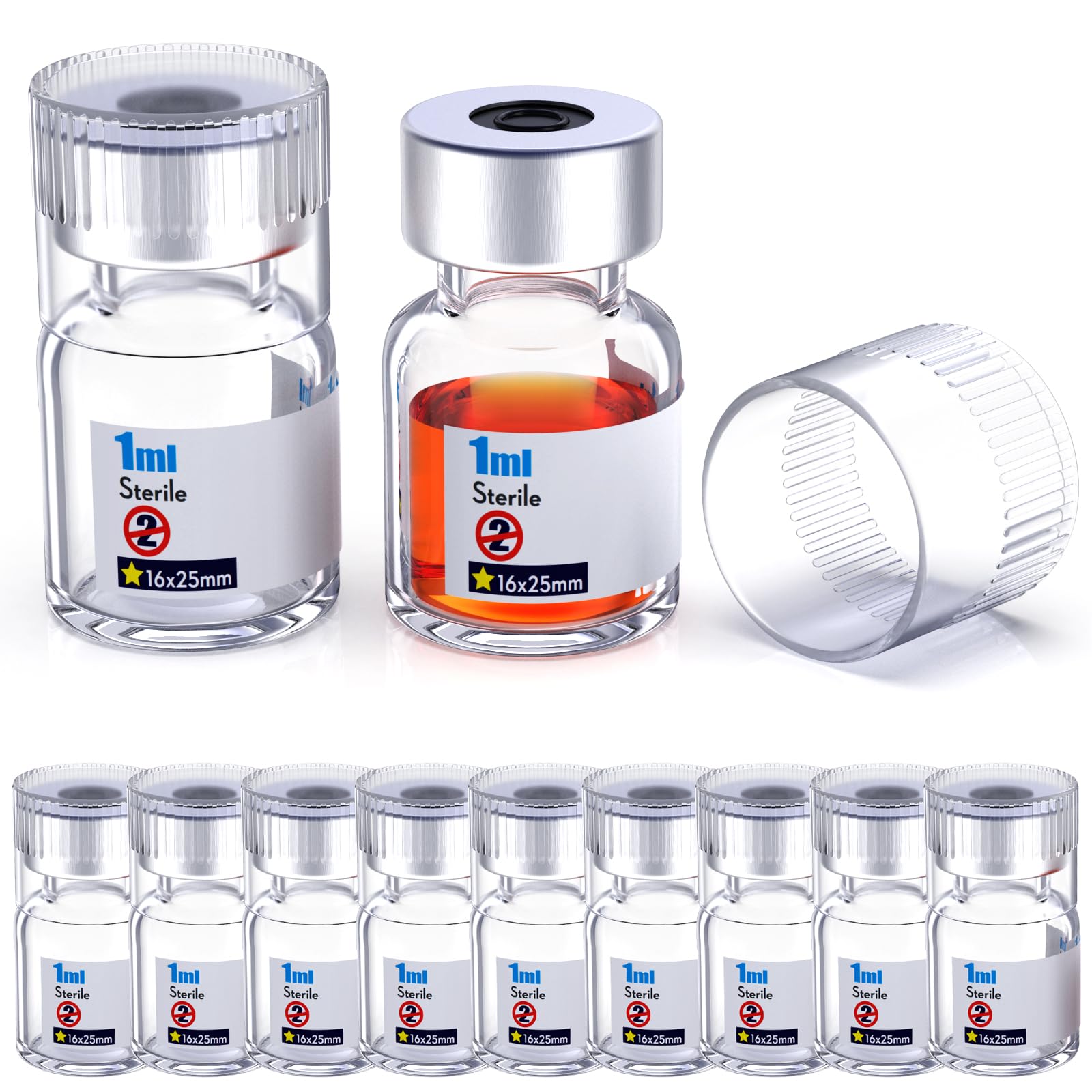 Biomed Solutions Sterile Empty Vial with Reusable Plastic Cap,Ready to Fill Glass Containers, Liquid Injection Bottle Sealed with Self Healing Injection Port (1mL Clear 10pcs)