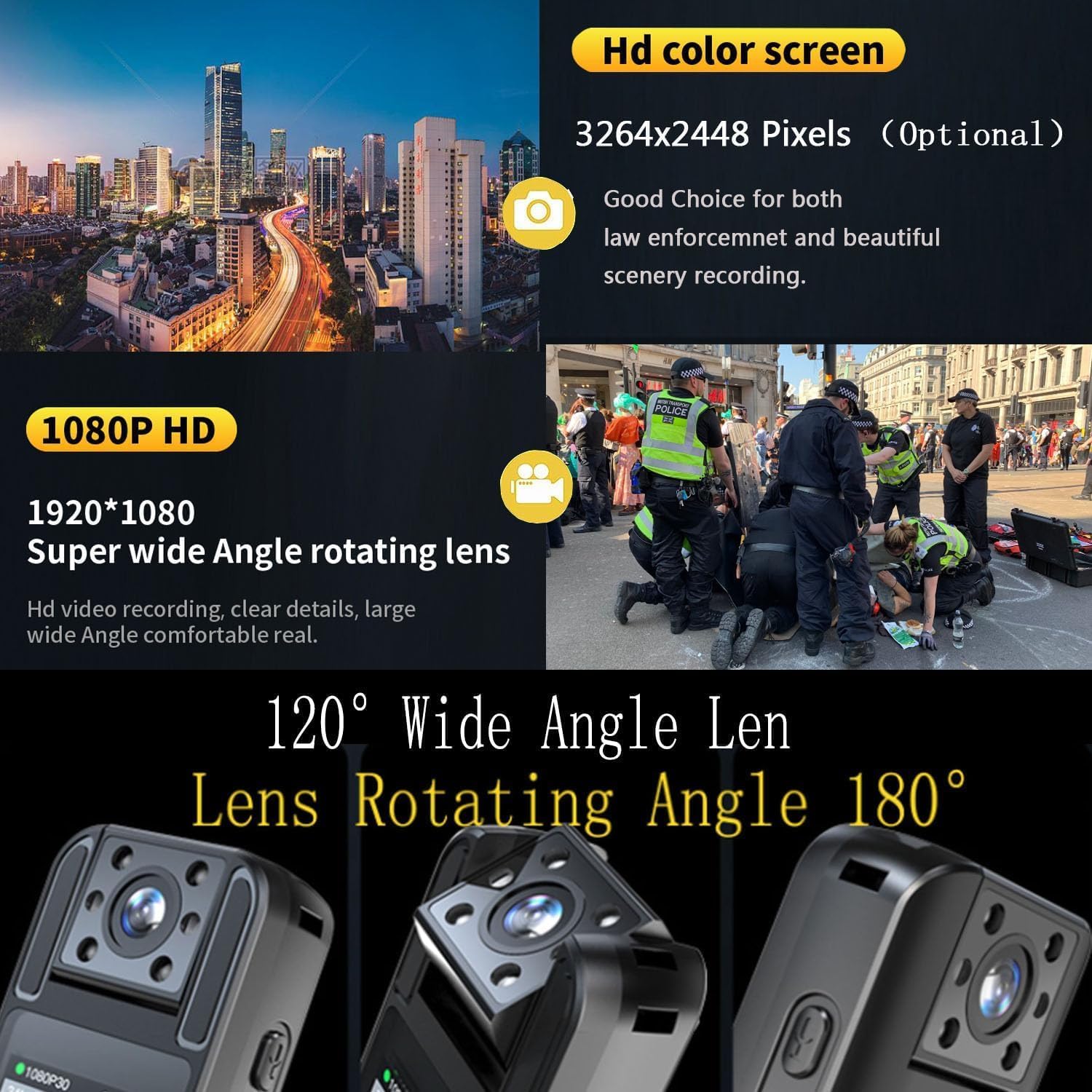 Cámara corporal de policía HD de 1080P, 32 GB, grabación de video, audio, imagen LCD de 1.3 pulgadas, visión nocturna infrarroja, batería de 1600 mAh, impermeable, ligera, para registro de