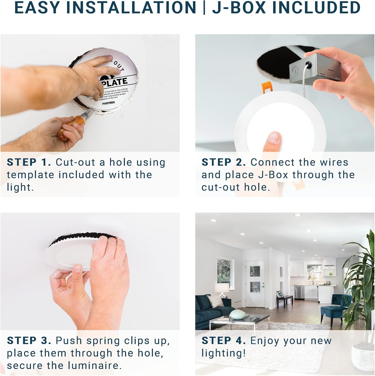 PARMIDA (6 Pack) 4 Inch Square 5CCT Ultra Thin LED Recessed Lighting with Junction Box, 2700K/3000K/3500K/4000K/5000K 5 Color Selectable, 9W, Dimmable, Canless Wafer Slim Panel Lights, IC Rated, ETL