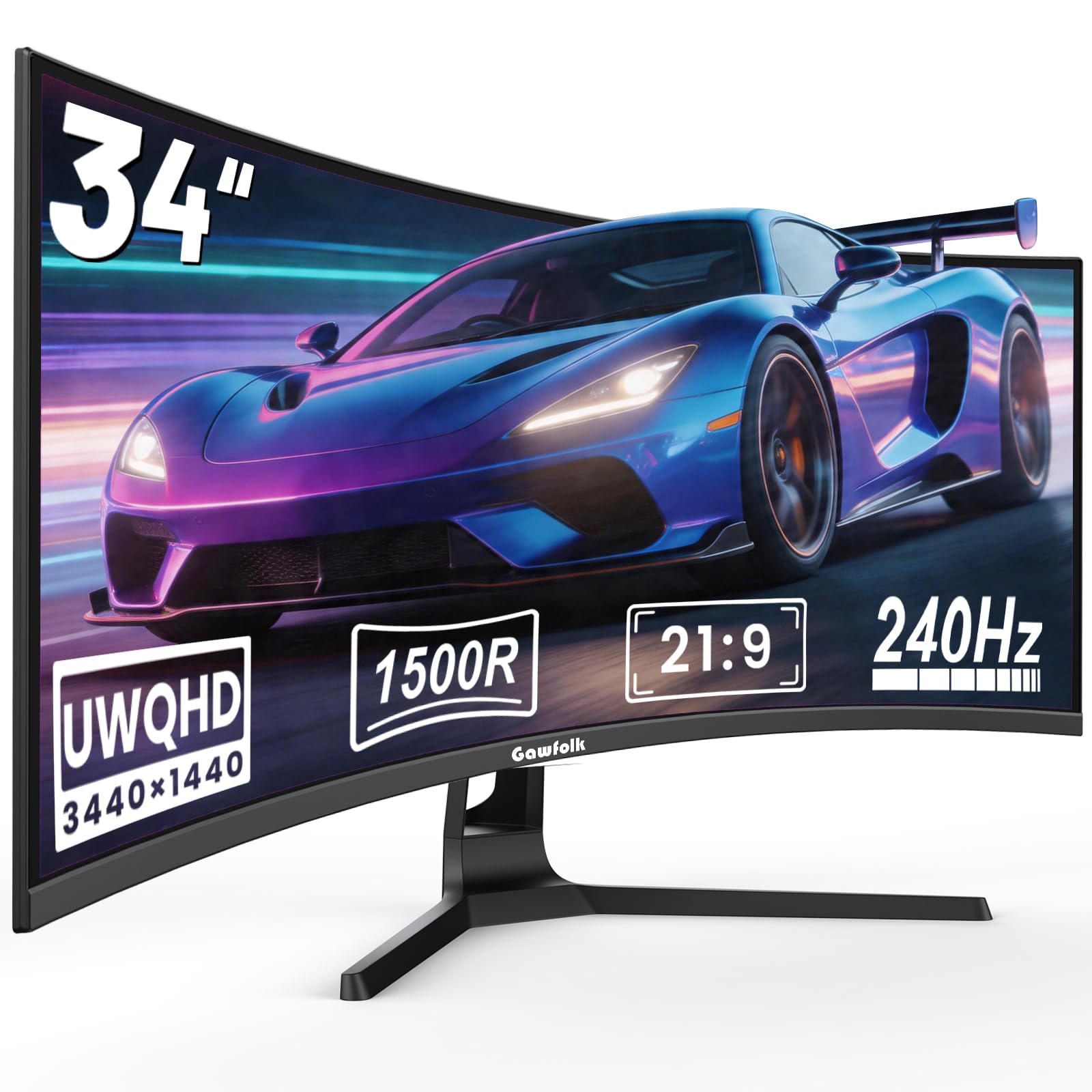Gawfolk 34 Inch Ultrawide Curved Gaming Monitor, 1500R PC Screen 240hz UWQHD 3440x1440p Monitor, Curved Computer Display with FreeSync & Eye-Care Technology, DP, HDMI, Wallmount 100x100mm