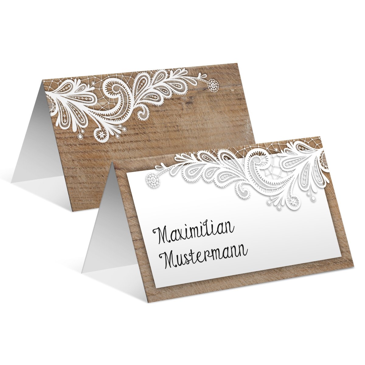 Personalisierte Tischkarten Hochzeit (30 Stück, Menge wählbar) - Rustikal mit weißer Spitze - Platzkarten, dickes 300g/qm Kartonpapier, Jede Karte anderer Name einfach eingeben und wir drucken