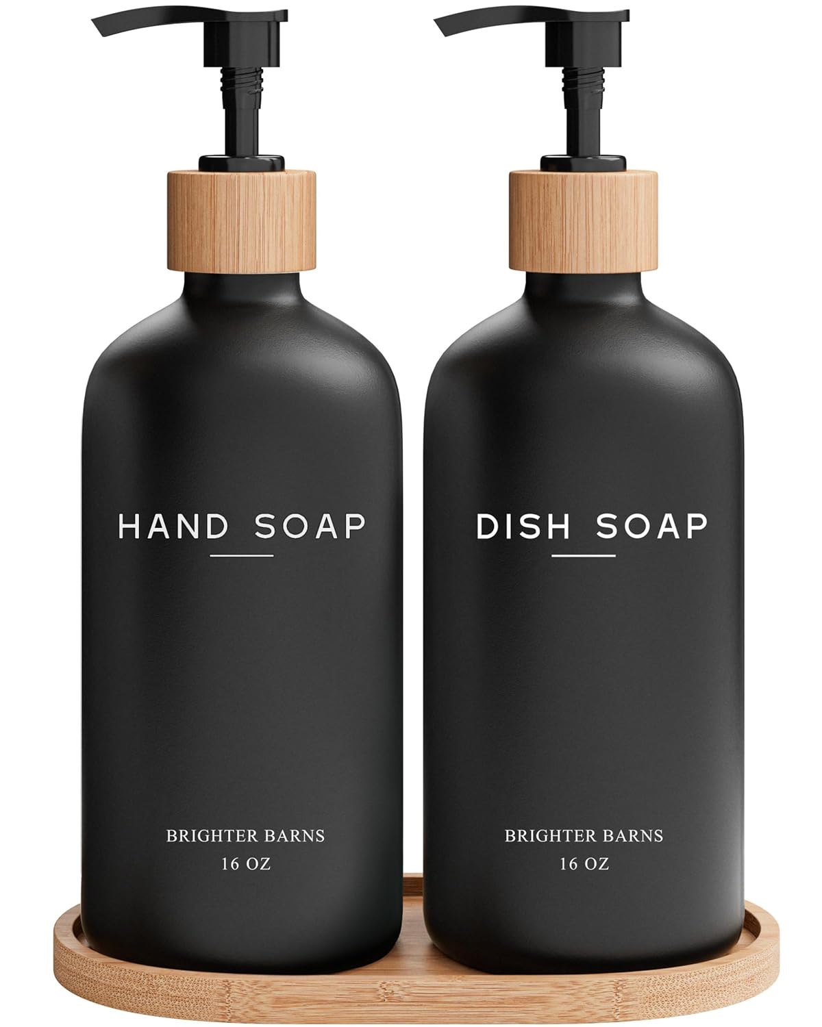 Black Glass Hand and Dish Soap Dispenser Set by Brighter Barns - Kitchen Soap Dispenser Set with Tray