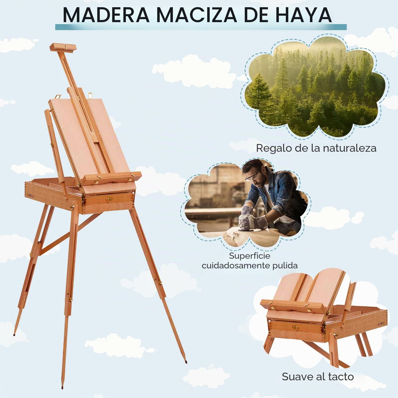 LIFEZEAL Caballete plegable de dibujo, caballete de estudio de madera de haya con cajón, caballete de suelo portátil para pintores, estudiantes y artistas