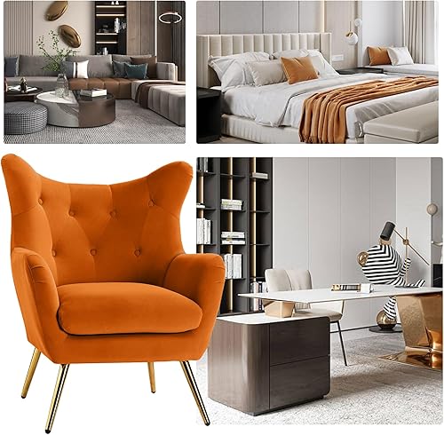 Miniatura 6 de HULALA HOME Silla decorativa de terciopelo, moderna silla con brazo con respaldo de alas con patas de metal dorado, silla individual tapizada de