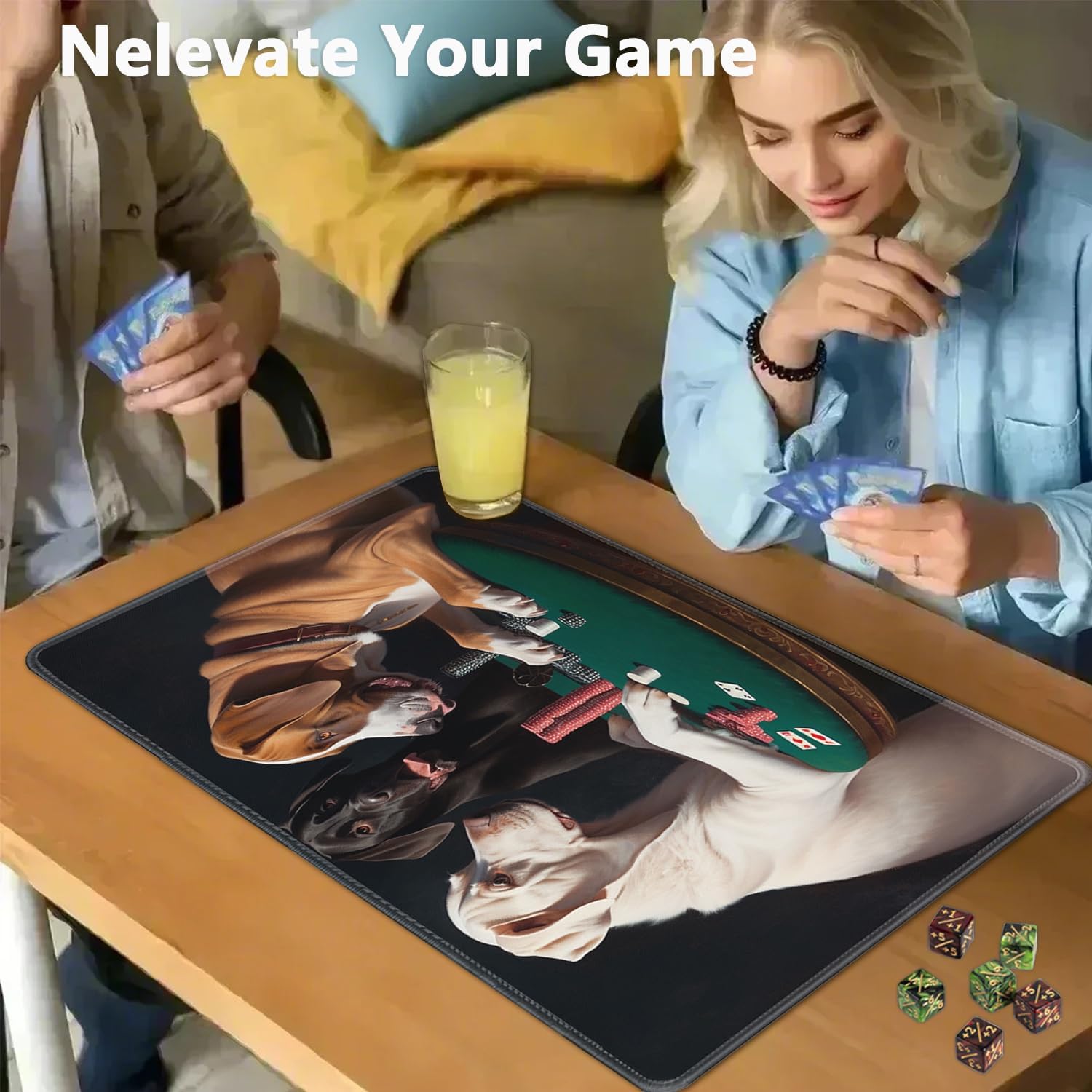 for MTG Playmat + Drawstring Travel Pouch + 6 Dice Counter, for Tabletop Trading Card Game Playmats or Large Mouse Pad, Anti-Slip Rubber 24 x 14 in, Dogs Playing Poker for TCG Playmat