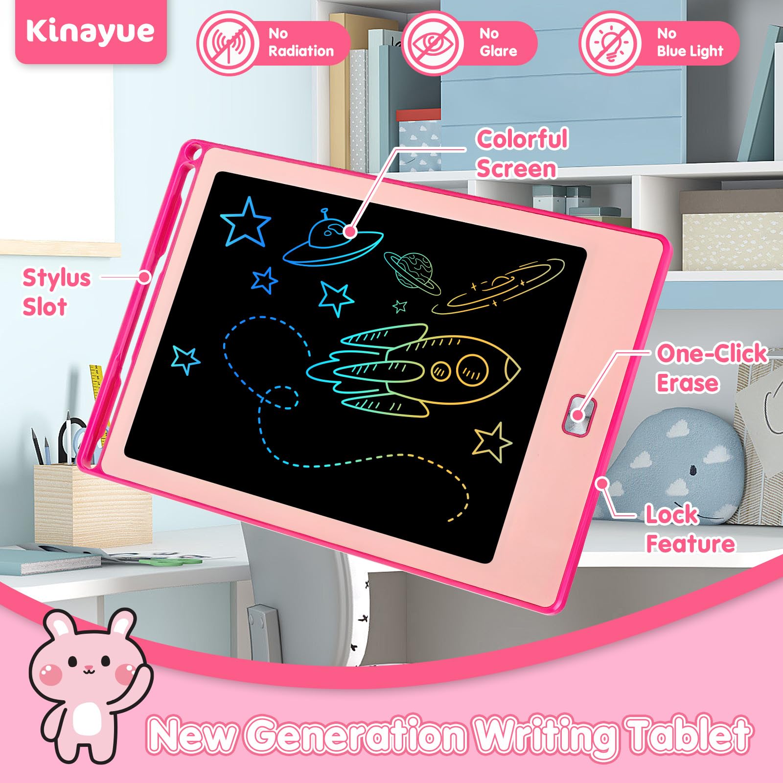 Kinayue Tavoletta Grafica Bambini LCD 8,5 pollici, Lavagnetta Cancellabile Riutilizzabile, Giocattolo da Viaggio, Regalo di Natale per il Compleanno Lavagna per Bambini da 3 a 10 anni Rosa - 4