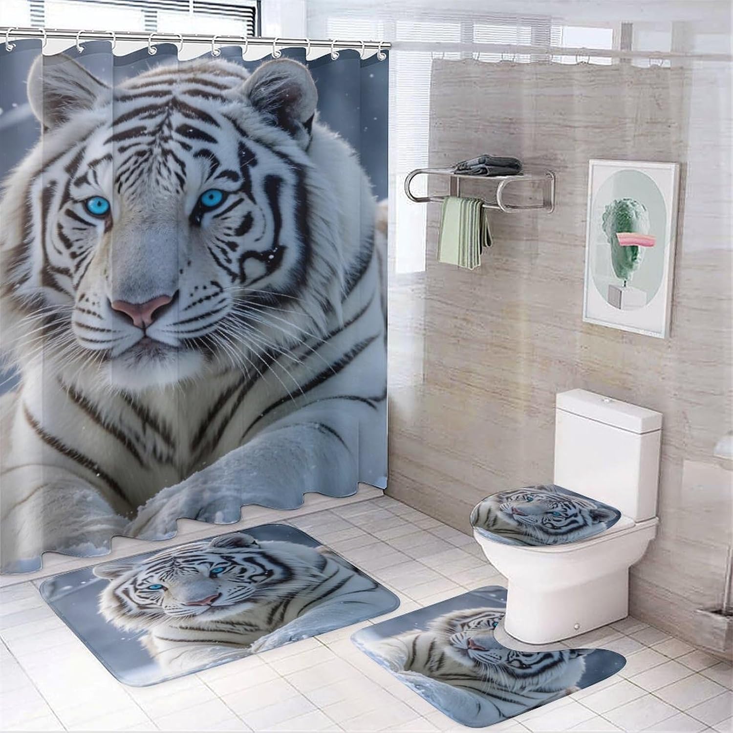 White Tiger Snow Blue Eyes 4 PCS Bathroom Set with Shower Curtain Rugs, Ultra Soft Coral Fleece Bath Mat, U-Shaped Rug, Toilet Lid Cover, 72" X 72"