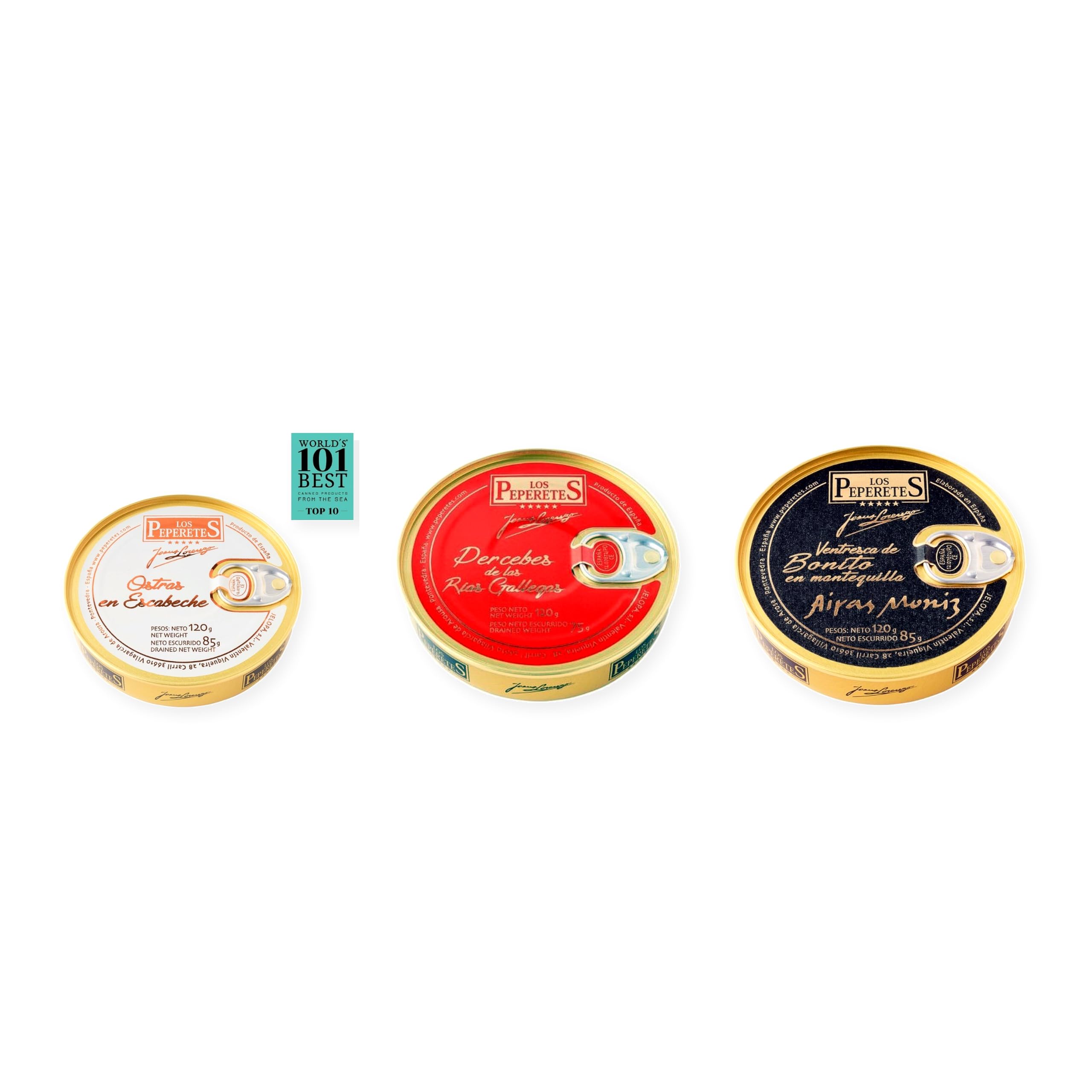 los peperetes conservas Ostras Escabeche, Percebes Rías Gallegas y Ventresca Bonito Mantequilla pack 3 latas