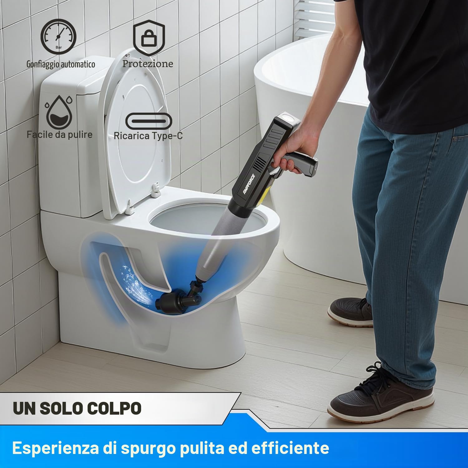 Sturalavandini Elettrico ad Aria Compressa, Stura Scarichi Professionale 1-8 BAR, Pompa a Pressione per WC, Lavandino, Doccia e Tubature, con Testa Antischiasso 120° - Nero Inchiostro