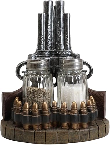 Miniatura 2 de Ebros Rústico Occidental Wild Wild West Revolver Six Shooter Pistol con balas redondas Juego de saleros y pimenteros decorativos con agitadores de