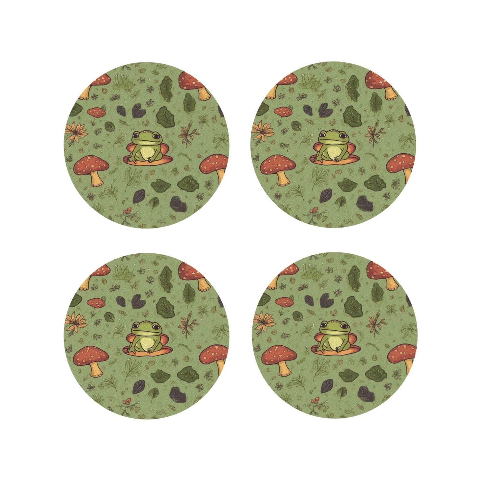 4pcs Drink Coasters for Tabletop Protection, 4" Leather Coasters for Drinks, Frogs and Mushrooms Cup Coasters for Coffee Table Decor, Non-Slip Drinking Cup Mat for Hot Or Cold Drink