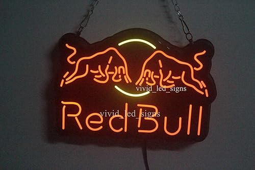 Queen Sense Lámpara LED Vivid Red Bulls RedBull Energy Drink de 10 pulgadas, decoración de pared de neón súper brillante