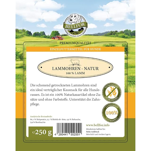 Foto 2 de 3 de Bellfor Snacks Naturales para Perros, Orejas de Cordero sin Pelo 250 g, sin Cereales, sin Gluten, sin aditivos