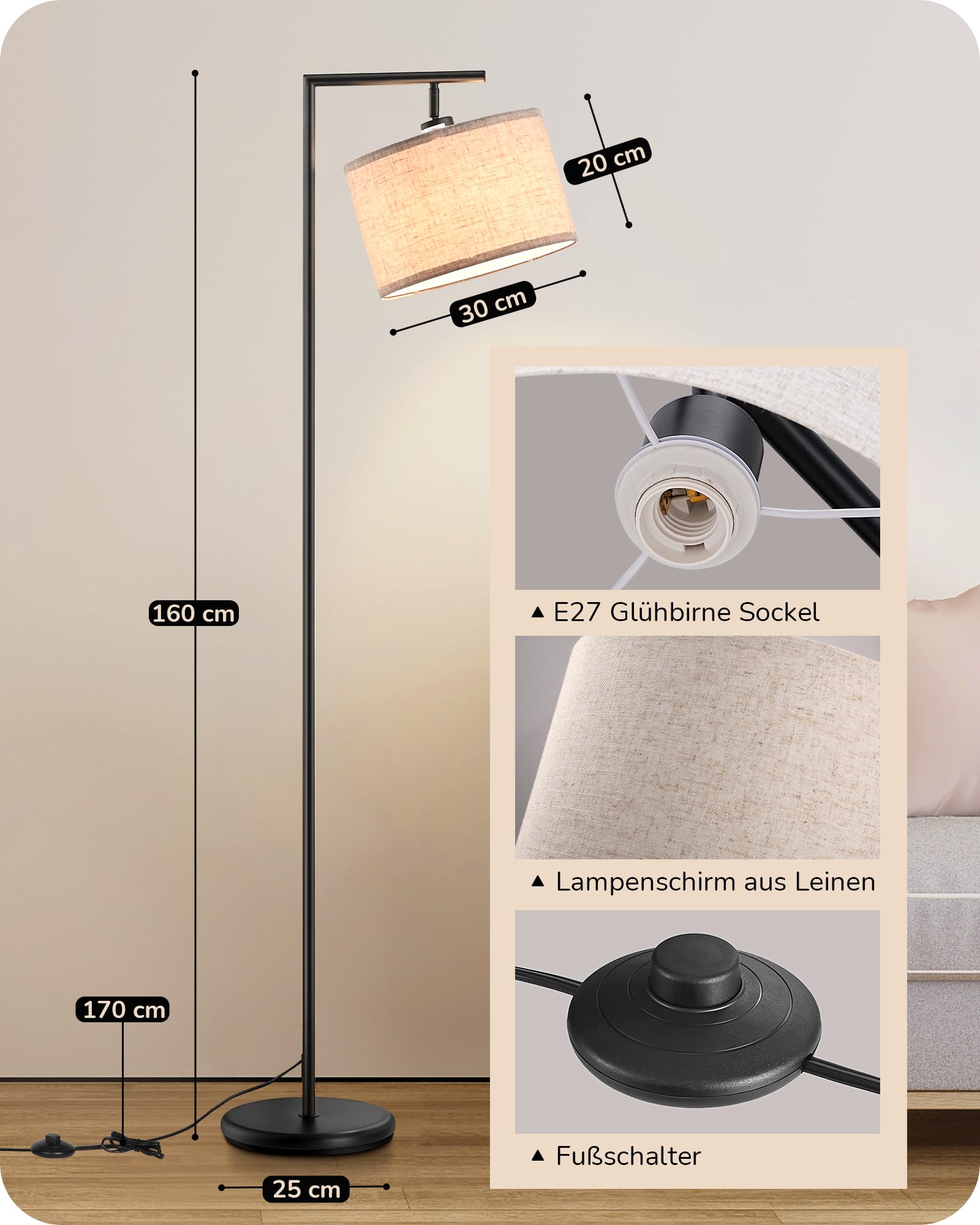 EDISHINE Stehlampe Wohnzimmer 160cm, Bogenlampe Modern mit Beigen Verstellem Leinen-Lampenschirm, LED E27 Glühbirne inklusive, Schwarz Leselampe Stehleuchte für Schlafzimmer, Kinderzimmer
