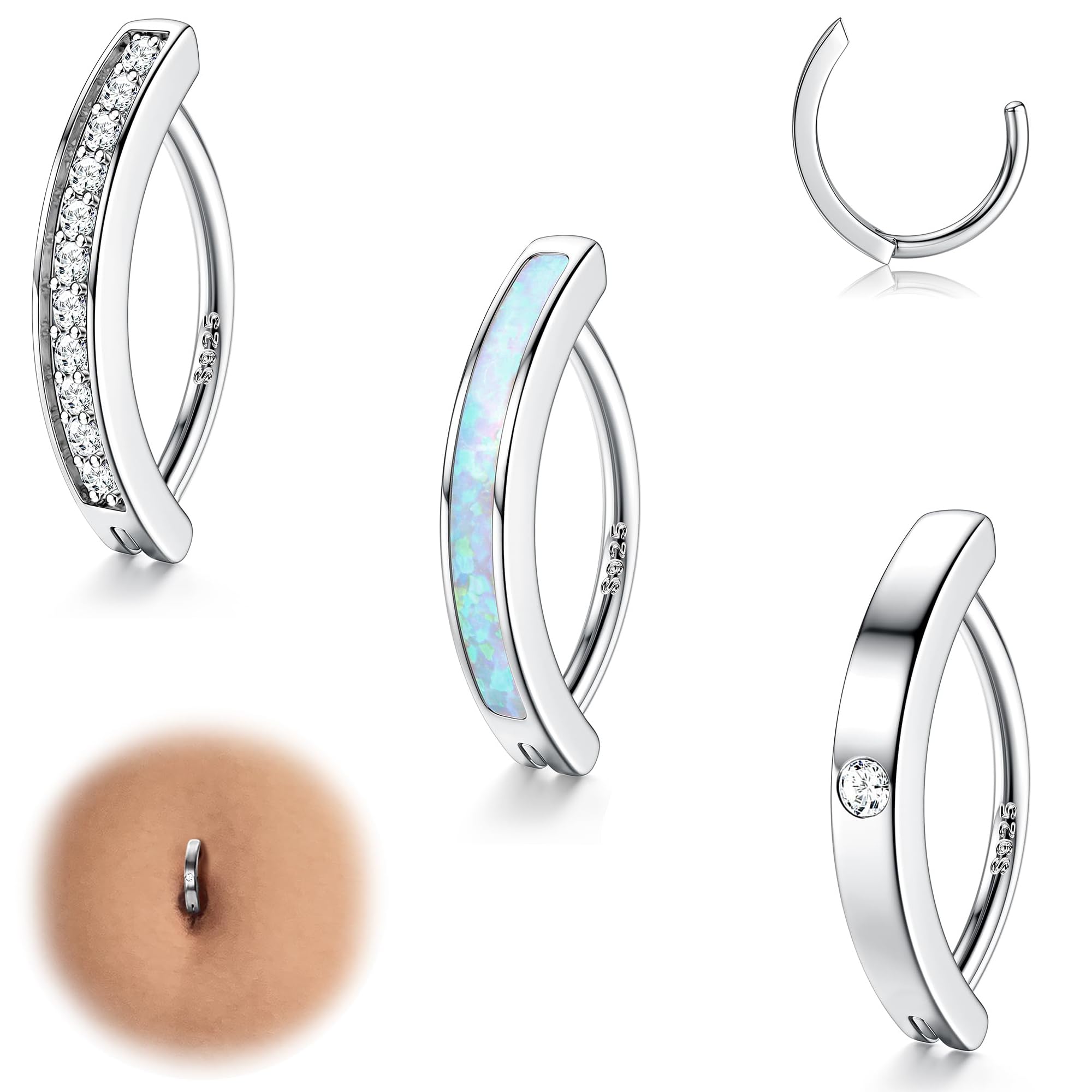 3 Pieces 925 Silver Belly Button Piercing for Women 14G Piercing Belly Button CZ Opal Belly Button Piercing Clicker Hoop Belly Barbell Piercing