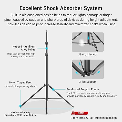 Miniatura 4 de SmallRig RA-S280A - Soporte de luz de aluminio de 110 pulgadas/9.2 pies/110.2 in, soporte de trípode acolchado con aire ajustable para fotografía