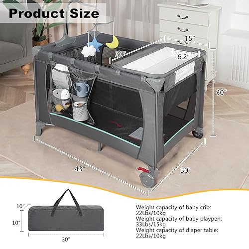 Miniatura 3 de Parque infantil con cambiador y bolsa de transporte, corralito portátil 4 en 1 para recién nacidos hasta niños pequeños, cuna de viaje plegable