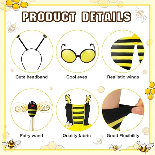 Miniatura 5 de Disfraz de abeja para niñas, 6 piezas, con vestido tutú, alas de abeja, varita, diadema, calcetines y lentes para niños y niñas, Halloween