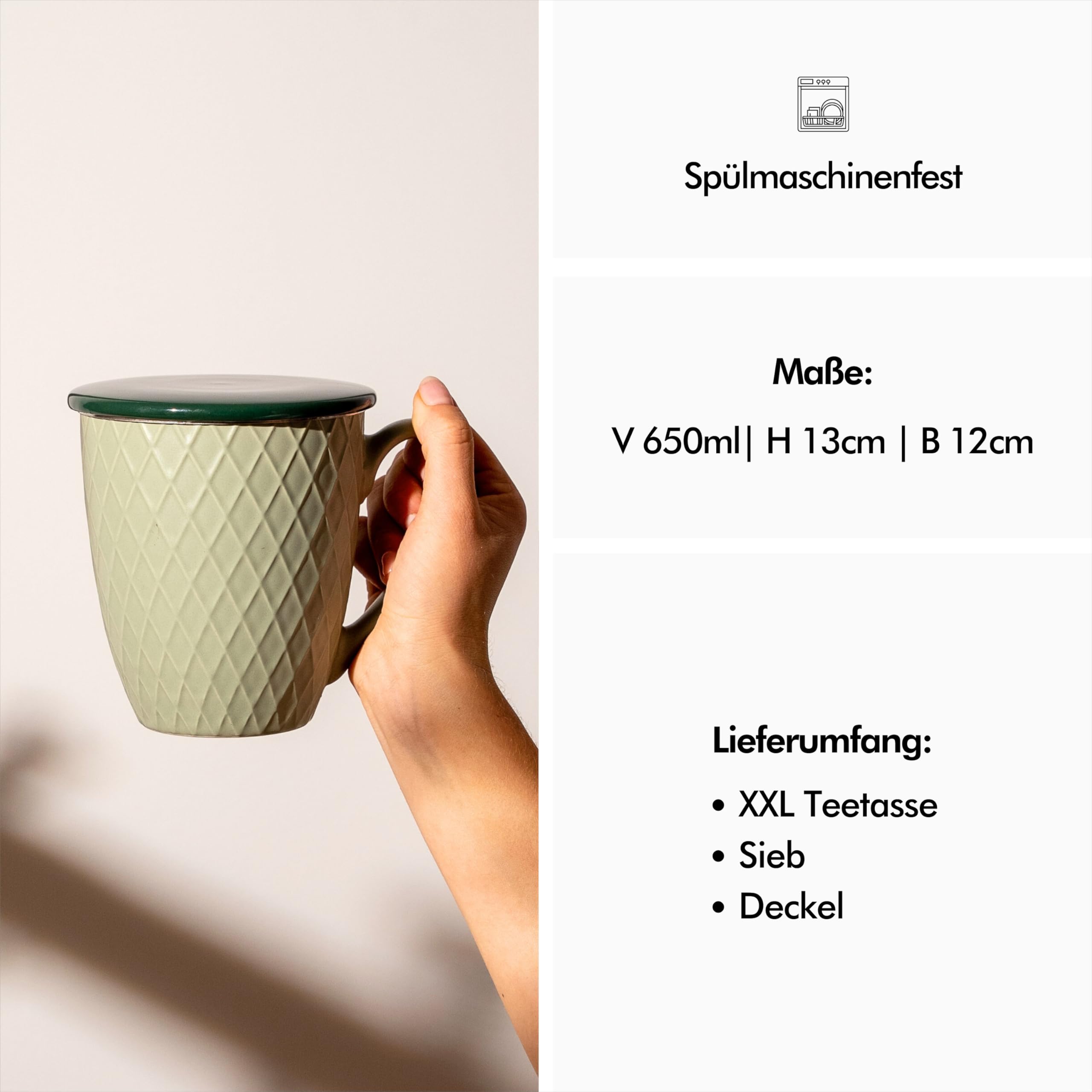 Tazza Da Tè XXL 600ml Con Coperchio E Colino - Porcellana Senza Plastica - Foto 5