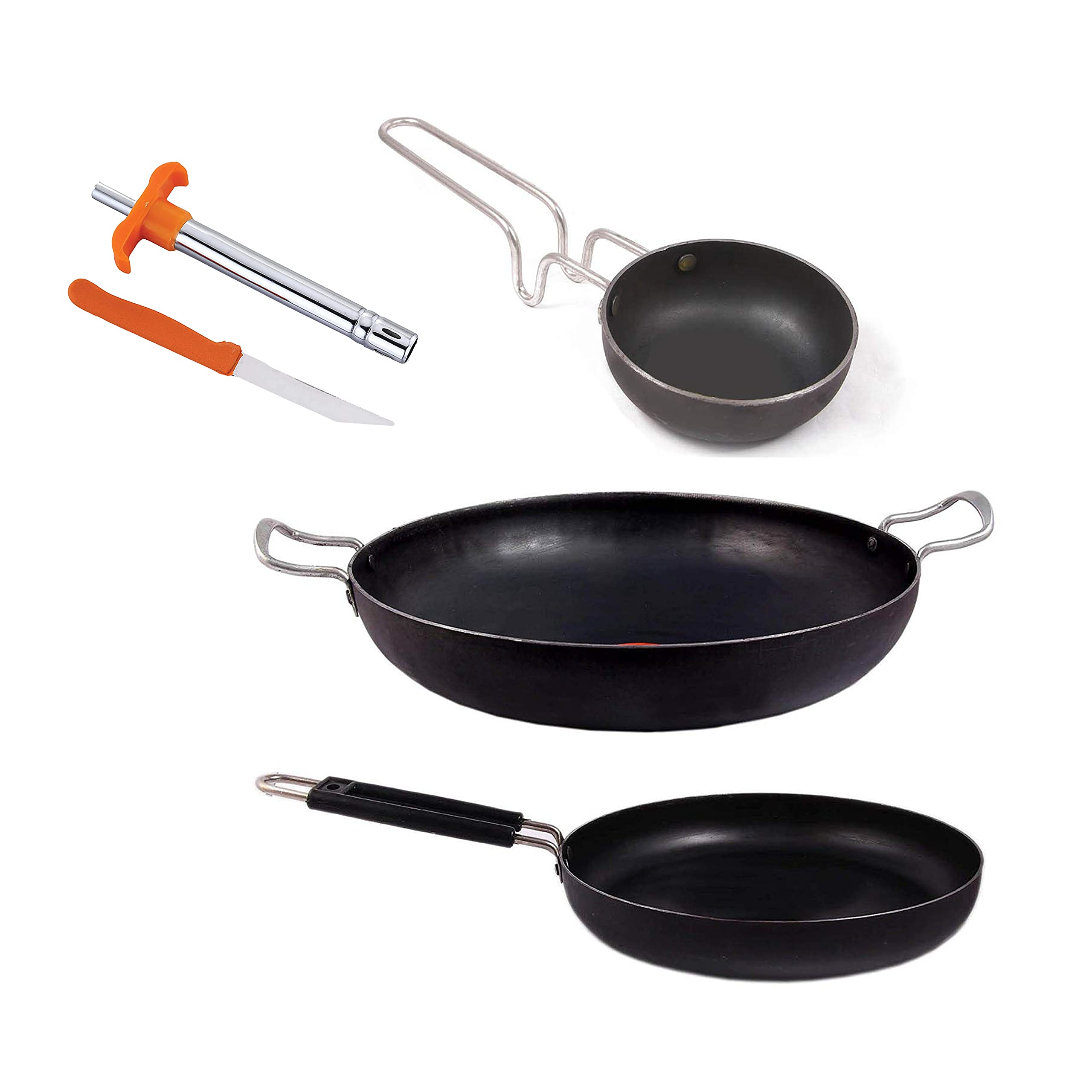 KITCHEN SHOPEE 3pes Iron Cookware set Combo 12 in kadai cooking Multipurpose Use Kadhai Heavy Base With Handle 10 in iron fry Tadka Pan 4 in Black Color 6.5 L Induction Friendly 1 pes gas lighter