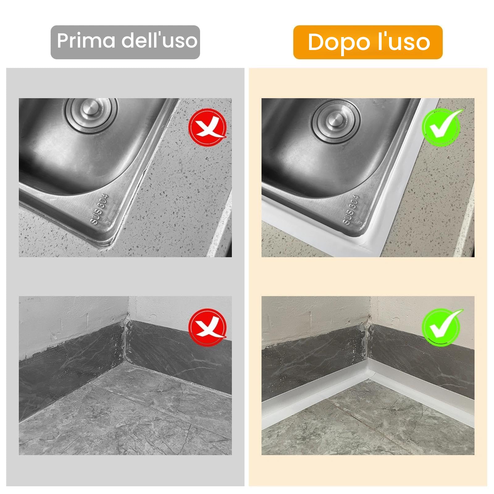 Silicone Bianco Bagno Antimuffa, Battiscopa Autoadesivo, Nastro Adesivo Impermeabile per Cucina e Bagno, 5 m x 36 mm Profilo PVC flessibile, Bianco