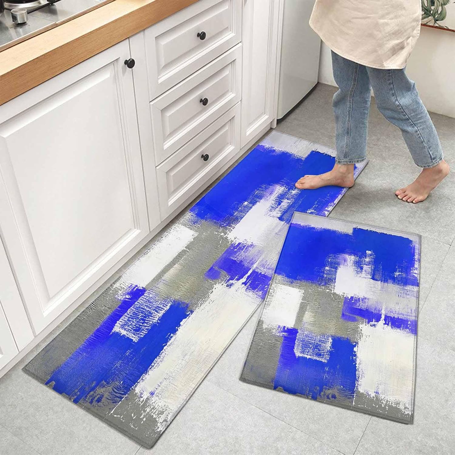 Kitchen Mats for Floor Blue Grey Gradient Abstract Geometric Washable Non Slip Kitchen Rugs 2PCS, Watercolor Oil Painting Art Absorbent Standing Mats for Sink Living Room 15.7x23.6in+15.7x47.2in