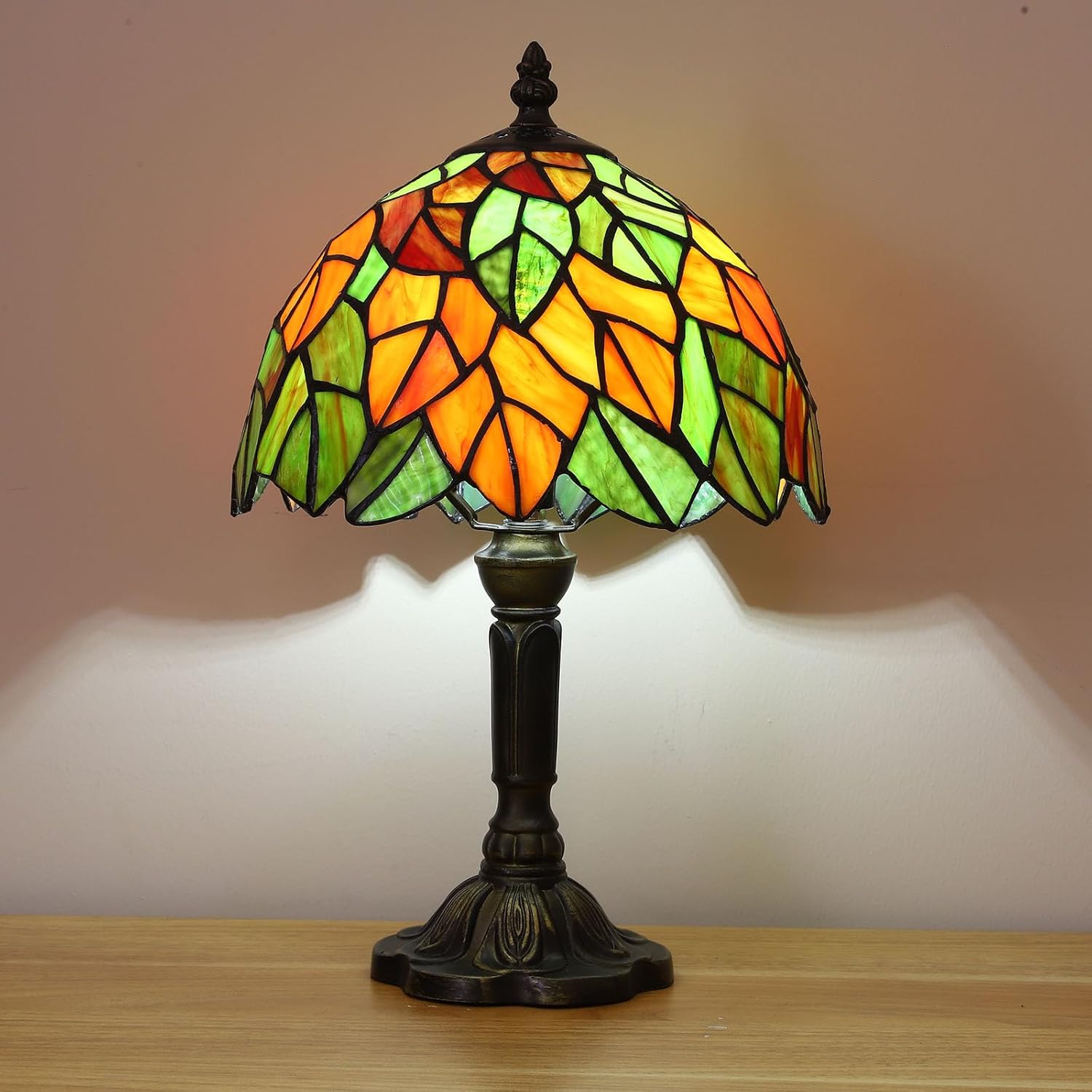 Tiffany Lamp Maple Leafs Stained Glass Bedside Nightstand Table Lamp,3-Way Color Temperature,Handcrafted Small Lamps for Living Room,Bedroom+LED Bulb,Home Decor Gifts,9X9X15Inch