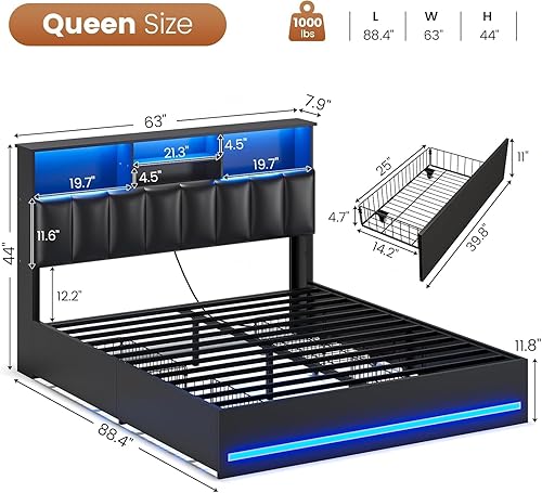 Miniatura 2 de AOGLLATI Estructura de cama Queen con elegante cabecero tipo estantería y estación de carga y luces LED, estructura de cama tamaño Queen con 4