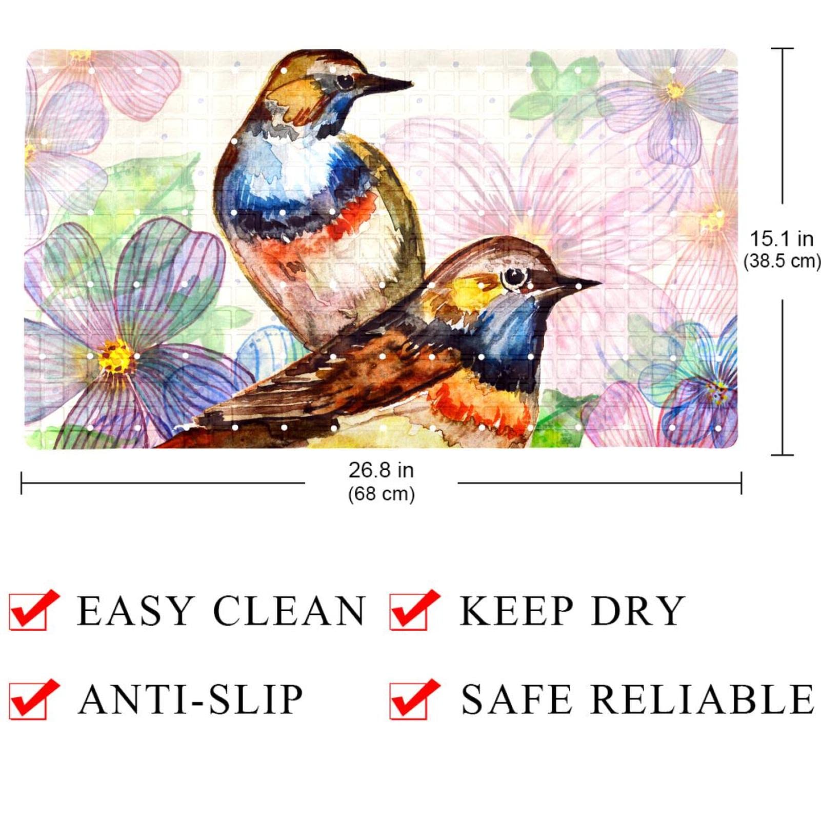Badematte für Kinder, Motiv: bunte Blumen, Retro-Vögel, Wasserfarben, rutschfeste Badewannenmatte, Duschmatte für Babys, Kleinkinder, Kinder, maschinenwaschbar, 40 x 70 cm