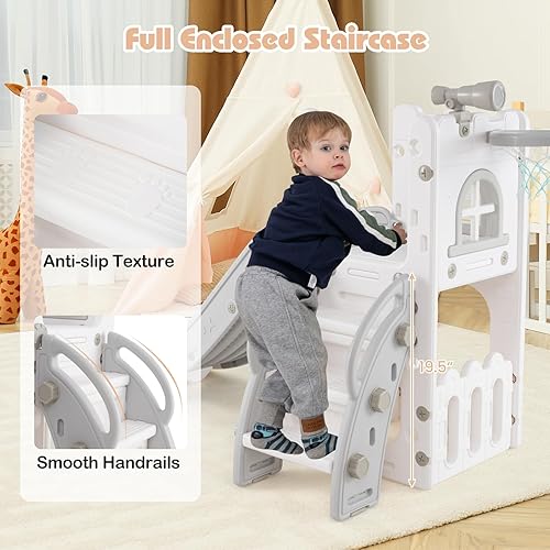Miniatura 4 de BABY JOY Tobogán para niños pequeños, juego de tobogán 6 en 1 para interiores con aro de baloncesto, telescopio, escalera de escalada y espacio de