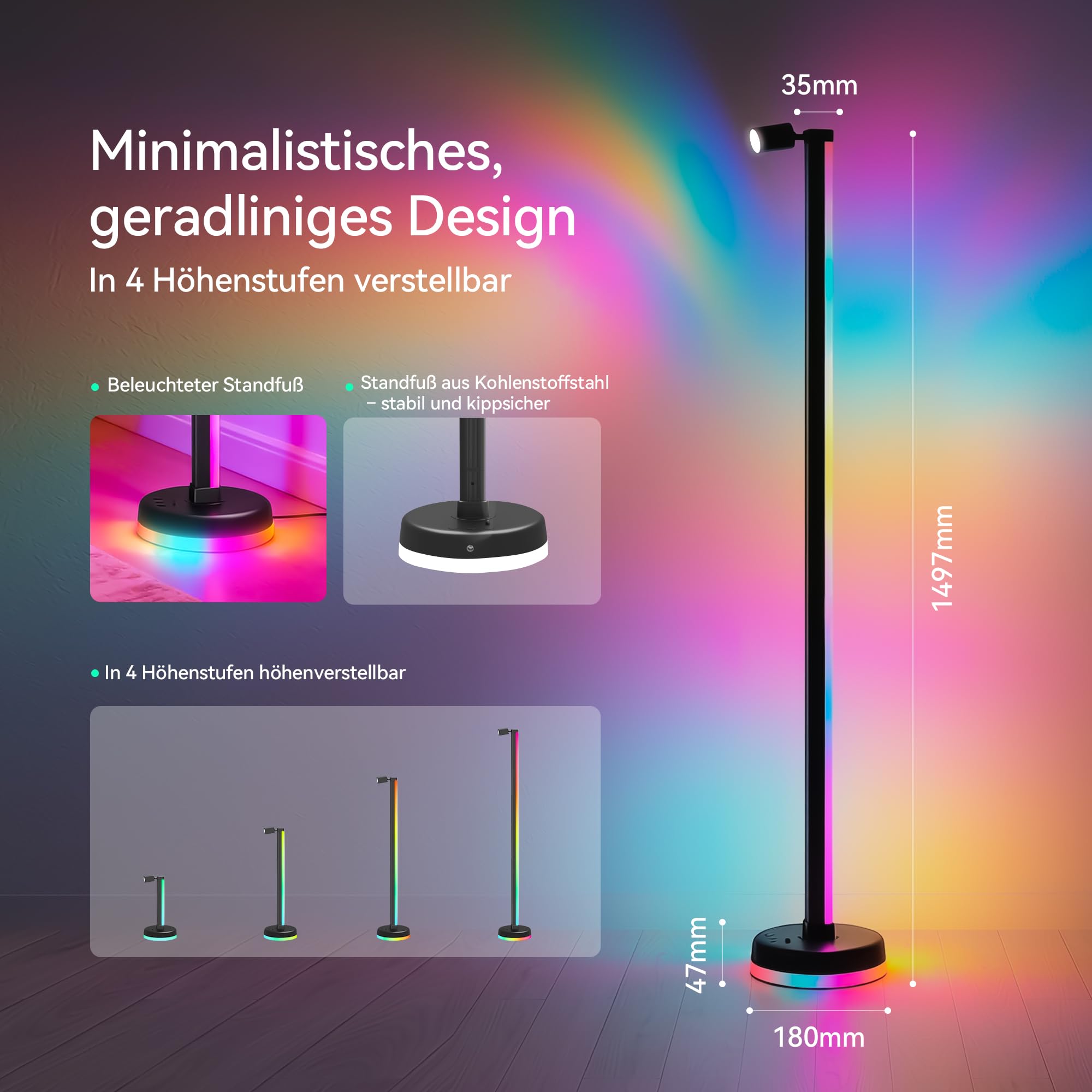 RGBICWW LED Stehlampe Wohnzimmer Dimmbar mit Leselampe 149,7cm | 16 Mio. Farben, 270° Licht, App & Fernbedienung, Musik-Sync, Timer für Schlafzimmer & Gaming, Lineora-02
