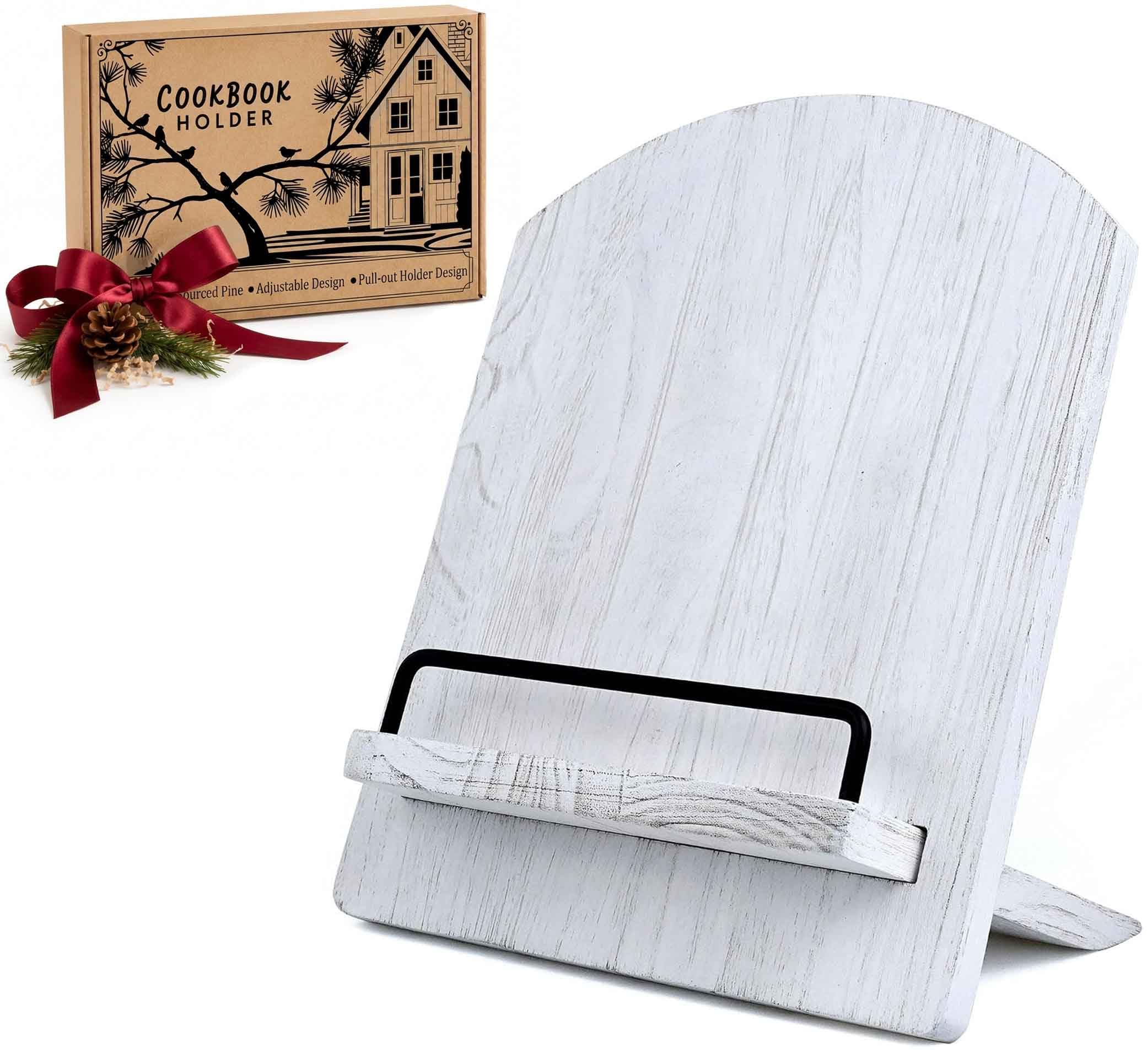 Soporte para libros de cocina, soporte de madera para recetas, soporte para libros de recetas con soporte ajustable, soporte para libros de cocina rústico (lavado en blanco)