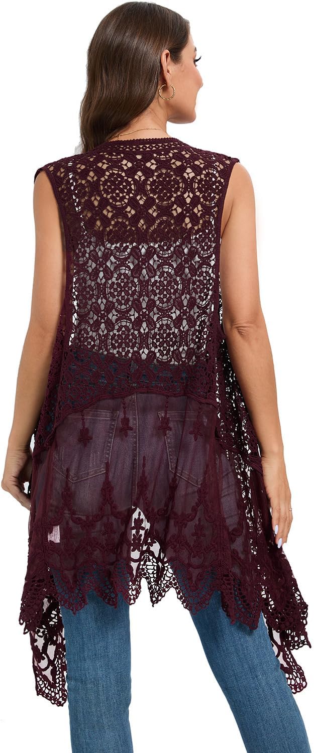 Sheer Cardigan Crochet Sleeveless Cover Up Mesh Patchwork Hippie Vest - Image 2