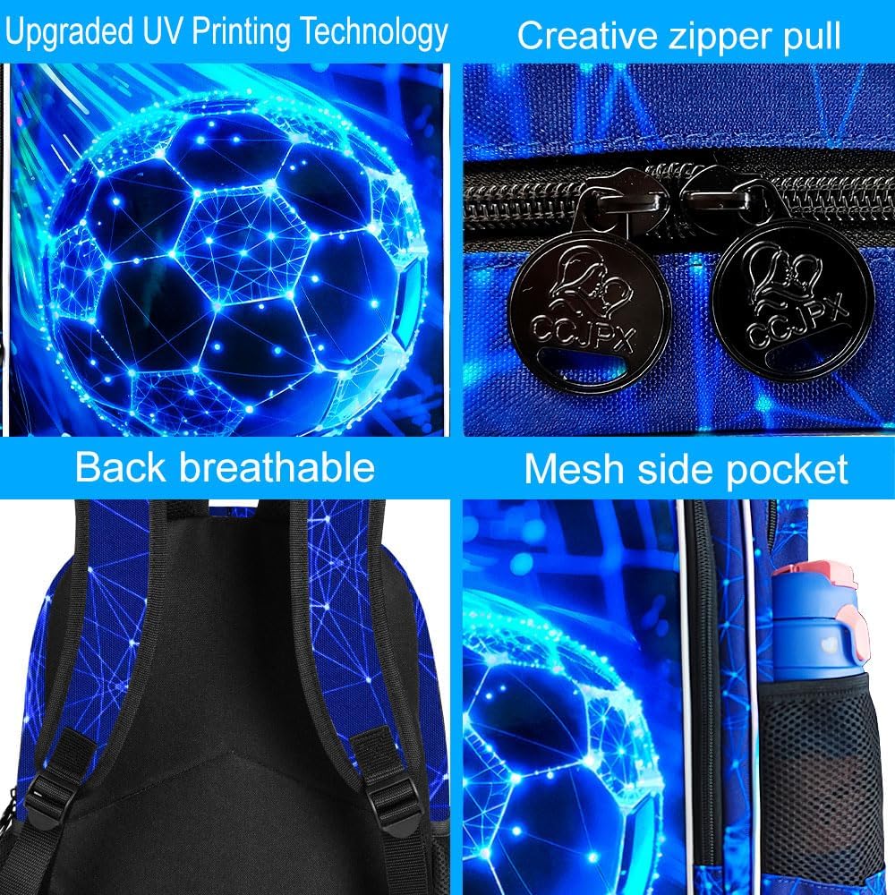 HPJGD 3PCS Soccer Backpack for Kids, Water Resistant Boys Bookbag Set with Lunch Box, Cool School Bag for Middle Elementary - All Blue Soccer