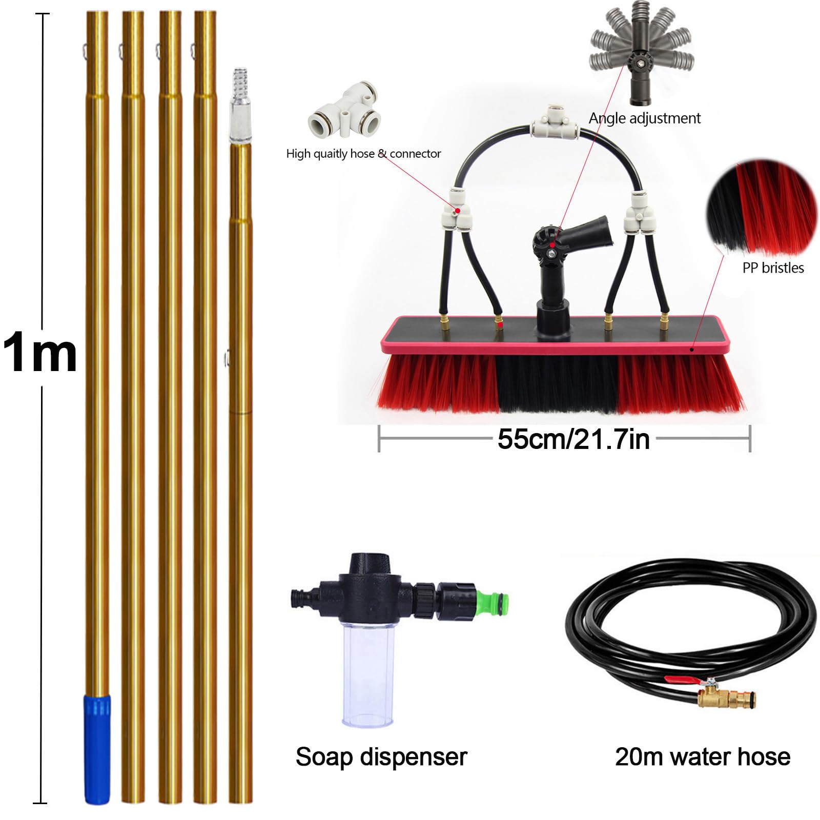 Spazzola per finestre Estensibile con distributore di Sapone, Asta telescopica da 3-15 m per Camion per la Pulizia di tetti e Pannelli solari (55 cm 4,6 m) - Efficiente e Versatile