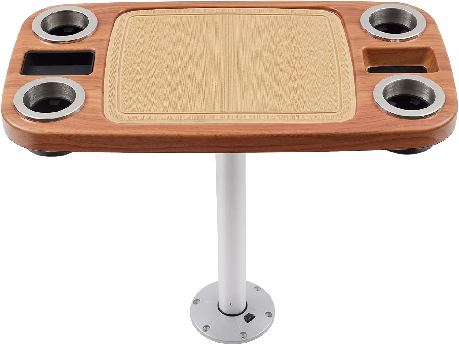 Manufacturers' Select ITC Boat Table Set - 18"x34" Removable Pontoon Boat Table with Center Non-Slip Mat, Pedestal Leg, 4 Drink Holders, & 2 Phone Stands (Cinnamon, Silver Leg, Saddle Brown Mat)