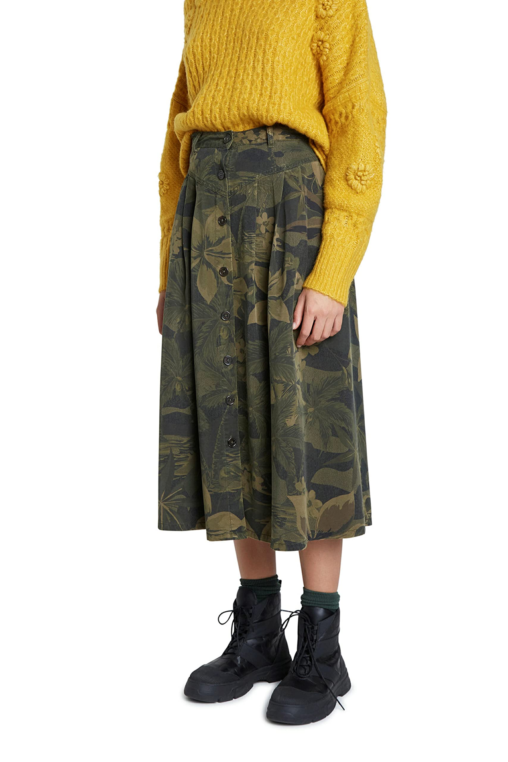 Desigual Azul Kate Midi Falda Acampanada Camoflower Casual 20WWFN02