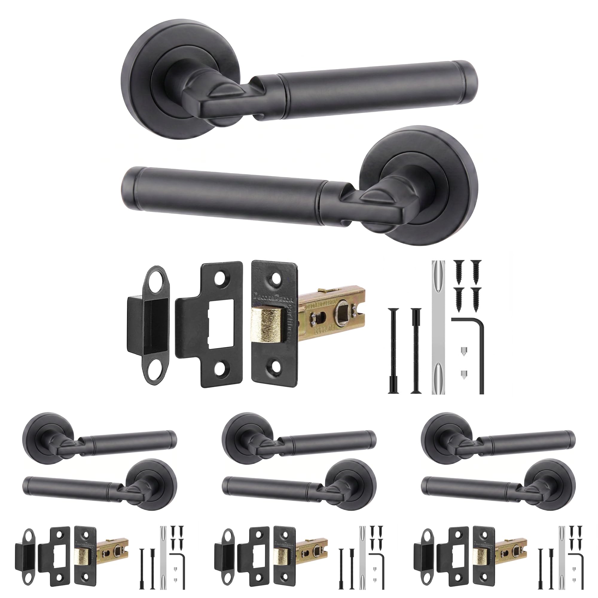 Decoranddecor Enigma Matt Black Door Handles, Latch Kit 76mm 4 Pack