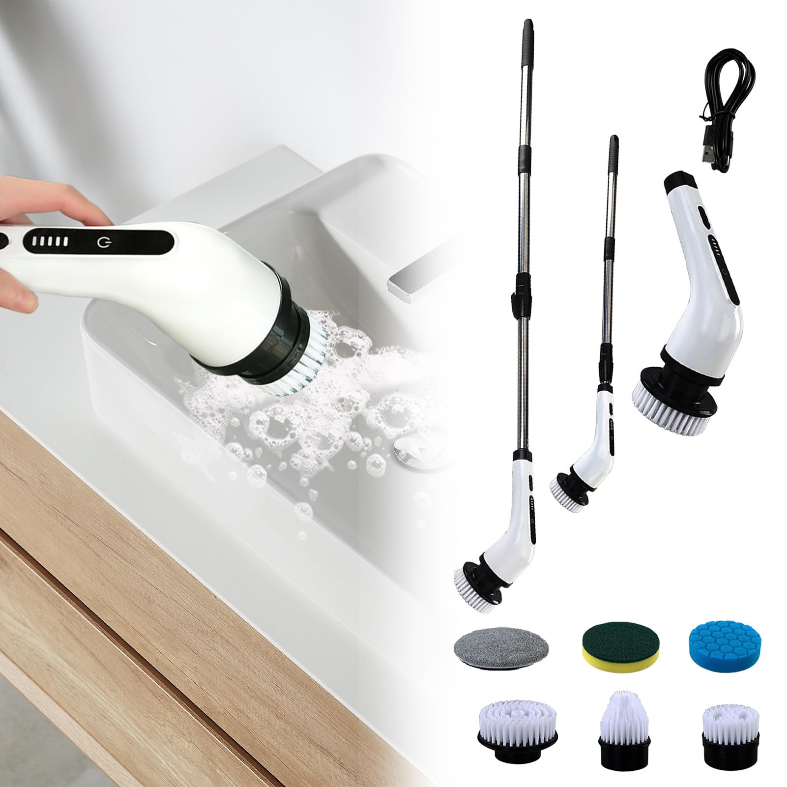 Fregadora Eléctrica Cepillo De Limpieza Inalámbrico Con Mango Largo | Limpiador Para Múltiples Usos Para Baño Ducha Bañera Inodoro Lavabo Cocina Suelo Azulejo Lechada
