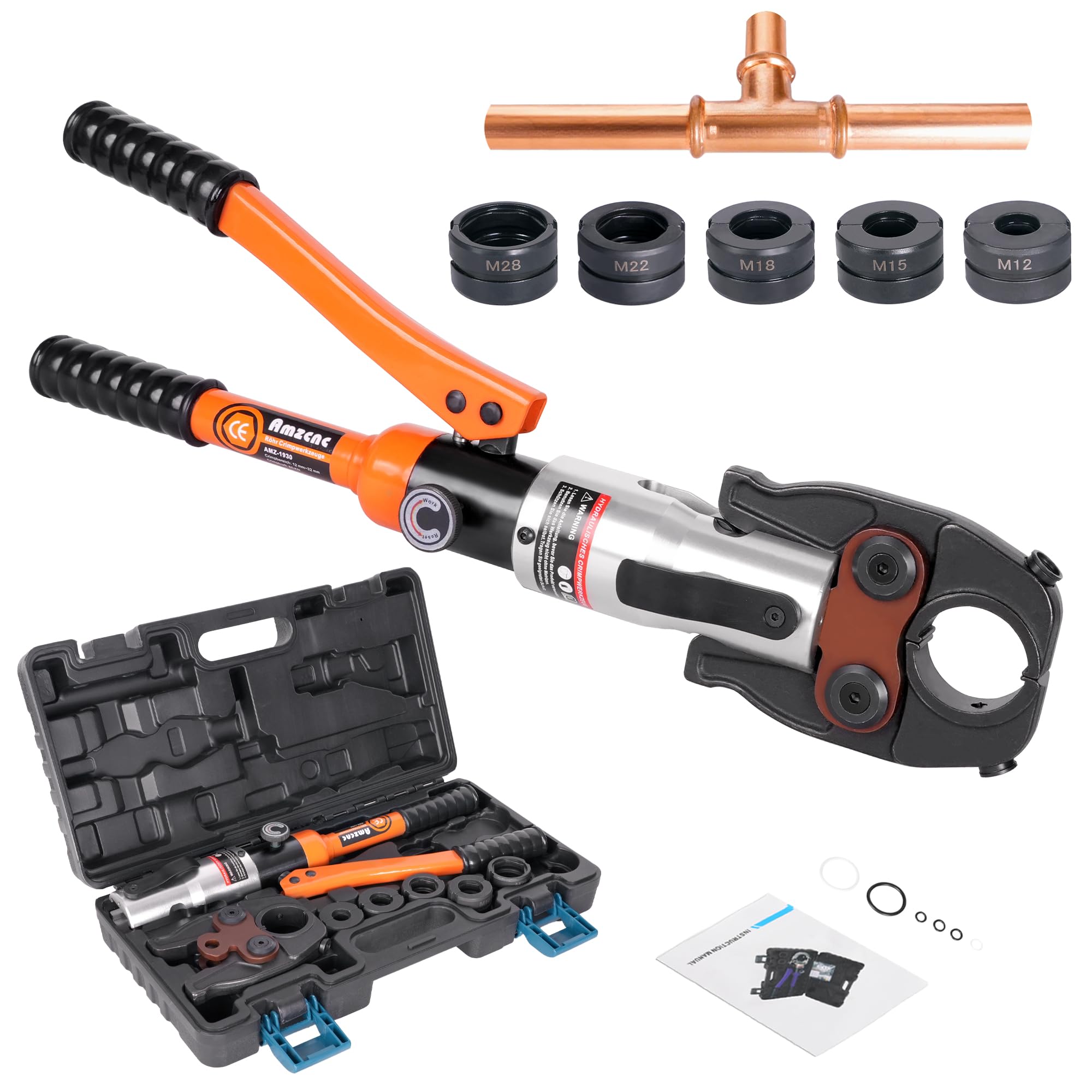 AMZCNC Professional Crimping Pliers (Hydraulic) Press Tool M Contour 12-15-18-22-28 Set Press Tool HPZ with 360° Rotating Head, for Copper Pipe, Stainless Steel Pipe, Jaw Inserts M