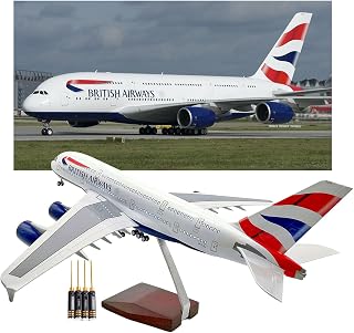 1:160 Scale British Airways A380 Aircraft Model Alloy Metal Airplane with Rotating Wheels Lights with 4pcs Hex Screw Driver Set Premium Wooden Stand for Adults Aviation(with Light)