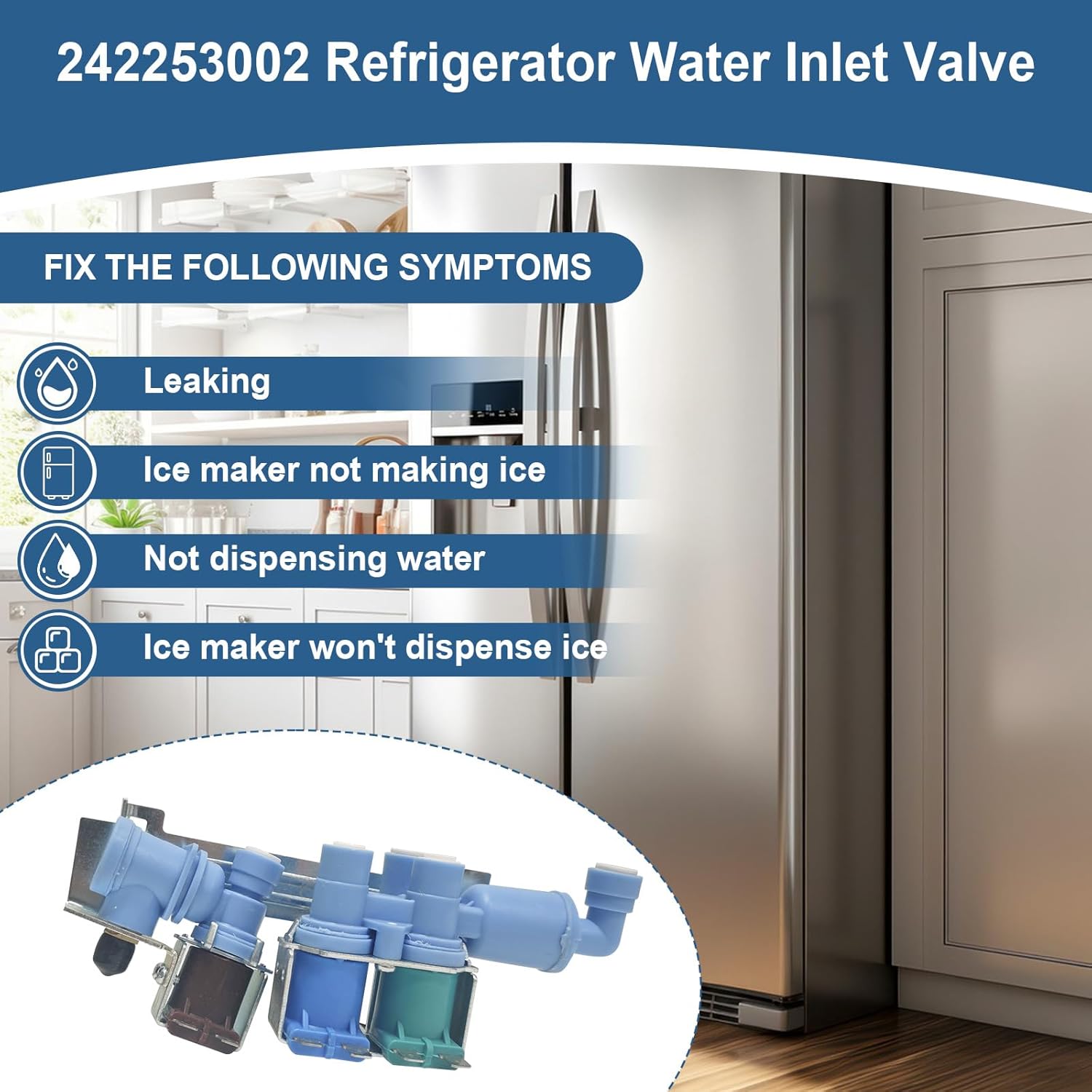 242253002 Refrigerator Water Inlet Valve Compatible With Frigidaire Electrolux Kenmore Crosley Water Inlet Valve Replace 242102201, 2689640, AP5669874, PS7321353, EAP7321353